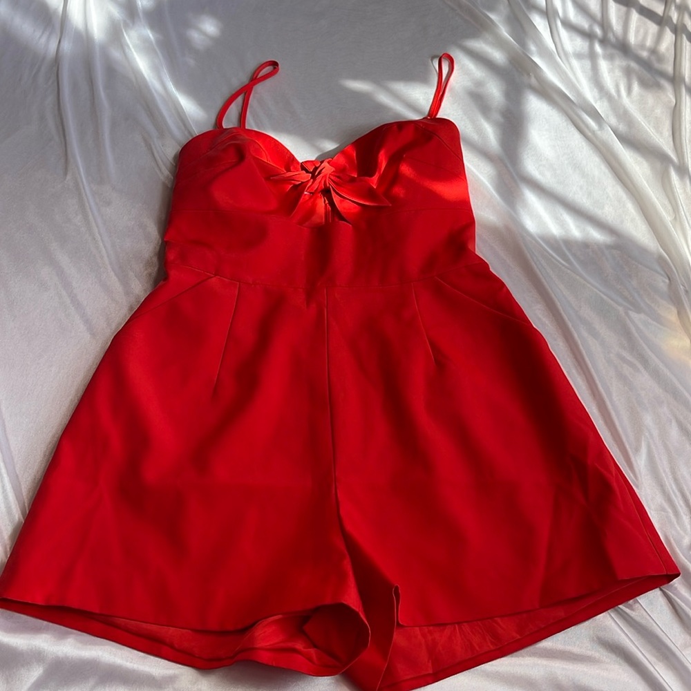 Yumi Kim Sweetheart Tied Red Orange Romper shorts with pockets